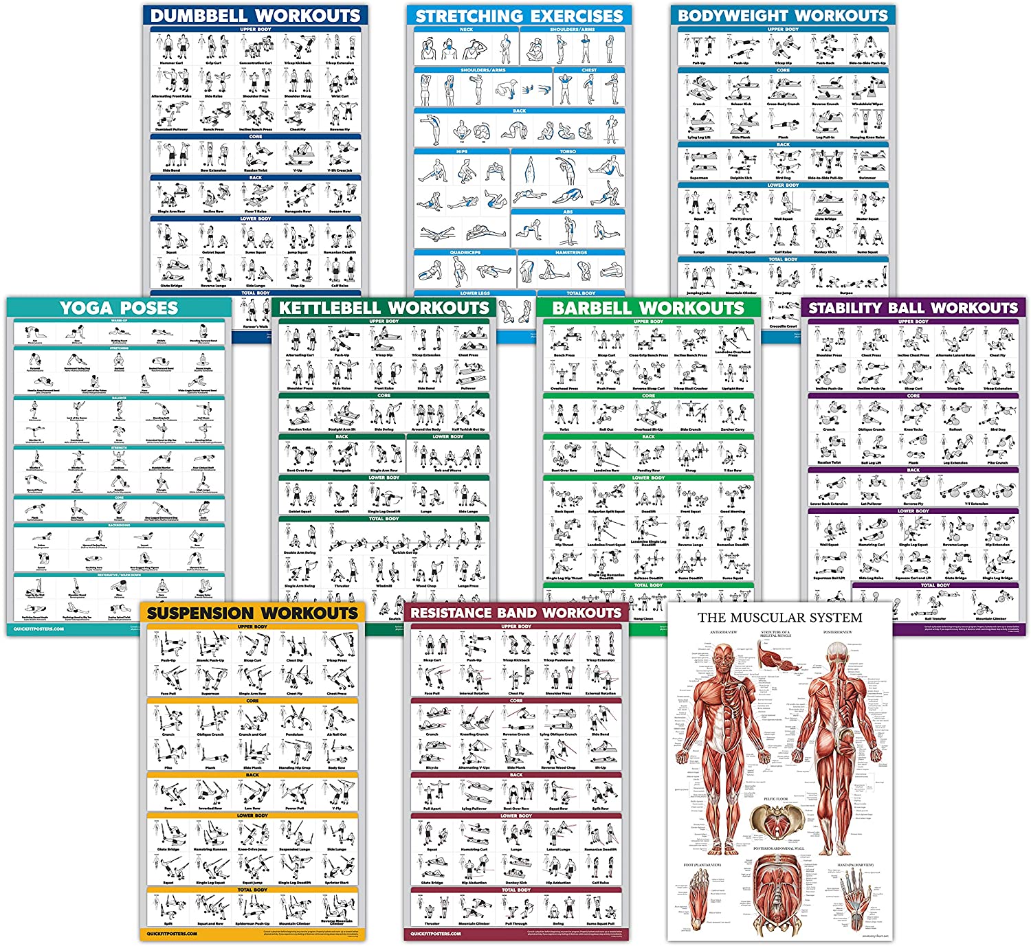 TANK 12 Pack Exercise Workout Poster Set: Dumbbell Resistance Bands Stretching Yoga Poses Suspension Bodyweight Barbell Muscular System Chart & US Flag 18 x 27 Exercise Ball Kettlebell TANK 12 Pack Exercise Workout Poster Set: Dumbbell Resistance Bands Stretching Yoga Poses Suspension Bodyweight Barbell Muscular System Chart & US Flag 18 x 27 Exercise Ball Kettlebell